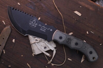 Tops Tom Brown Tracker 6" Fixed Blade Knife / Black & Grey Micarta / Black 1095 / Hedgehog Leatherworks Sheath ( Pre Owned )