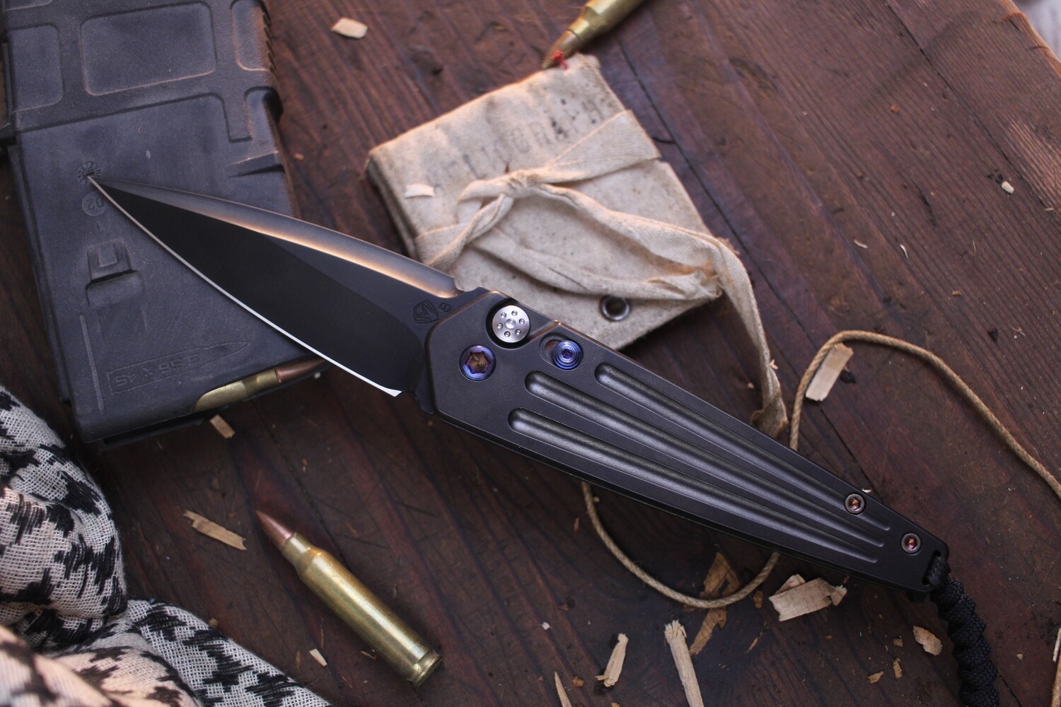 Medford Knife and Tool (MKT) Nosferatu 3.5&quot; Plunge Lock Auto, Blk PVD Ti &amp; Flamed Hardware / Blk S35VN Spear Pt (Pre Owned)