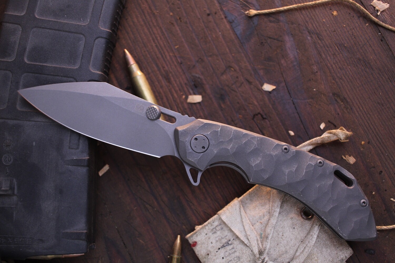 Olamic Cutlery Prototype 3.5” Framelock Flipper / Stonewashed &amp; Textured Titanium / Beadblasted CPM-20CV