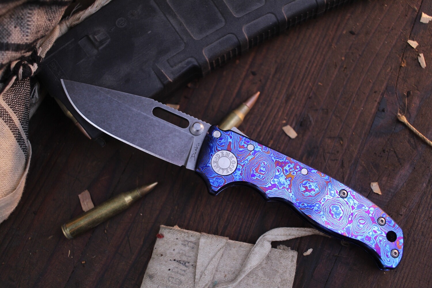 Demko Custom AD20.5 3.2&quot; Shark Lock Folder / Timascus / Stonewashed CPM-3V