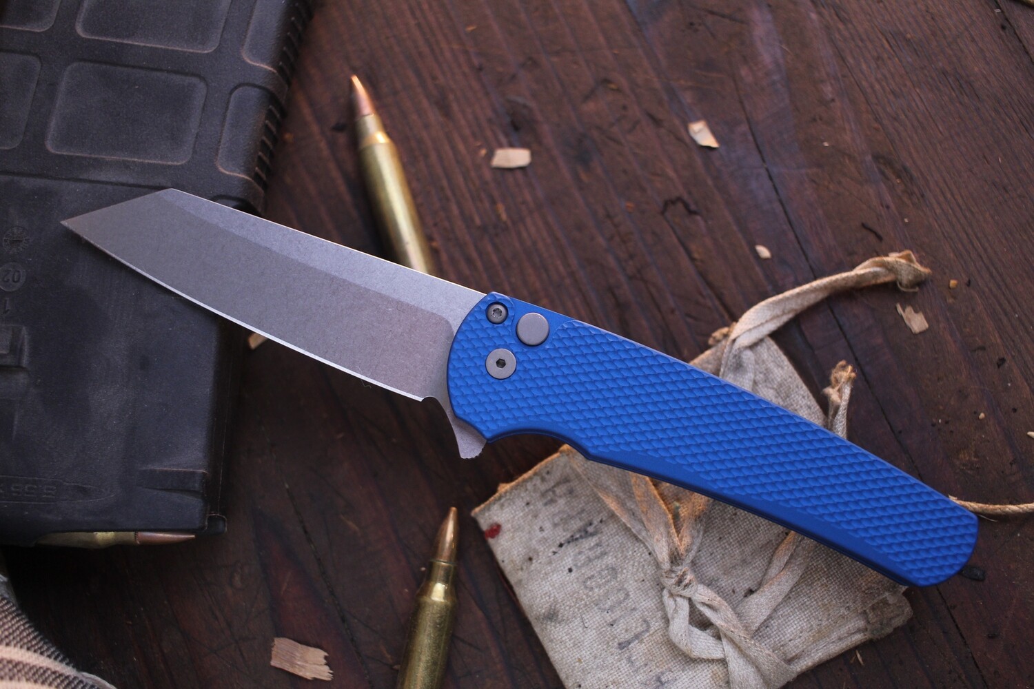 Pro-Tech Malibu 3.3” Reverse Tanto Buttonlock Flipper / Blue Textured Aluminum / Stonewashed CPM-20CV