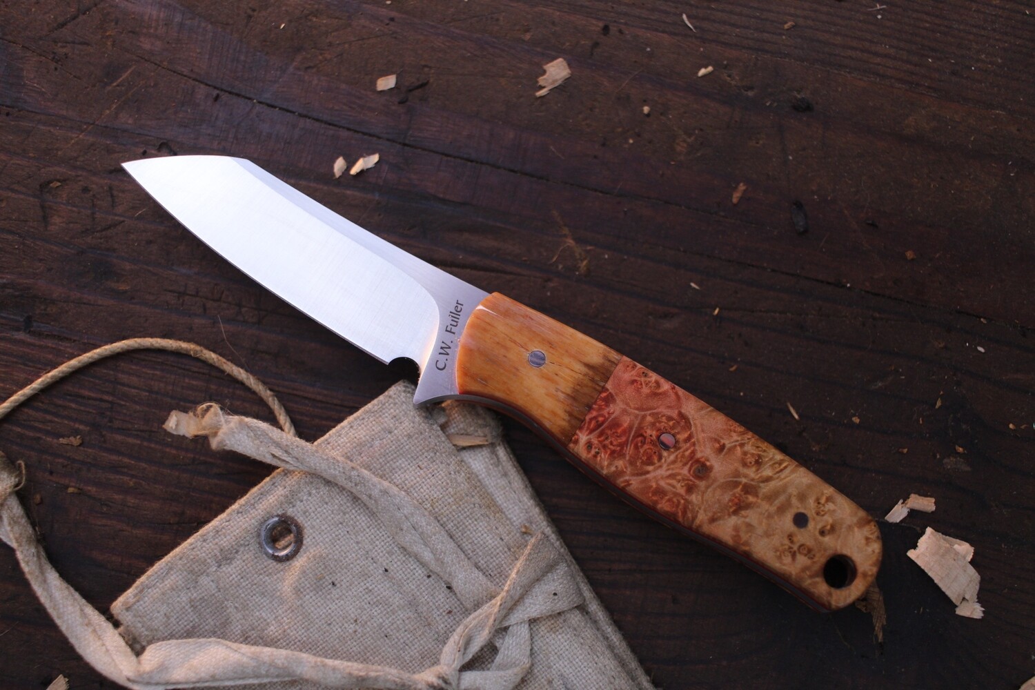 C.W. Fuller Pocket Pal 2.5” Wharncliffe Fixed Blade / Box Elder Burl &amp; Giraffe Bone / Satin N690