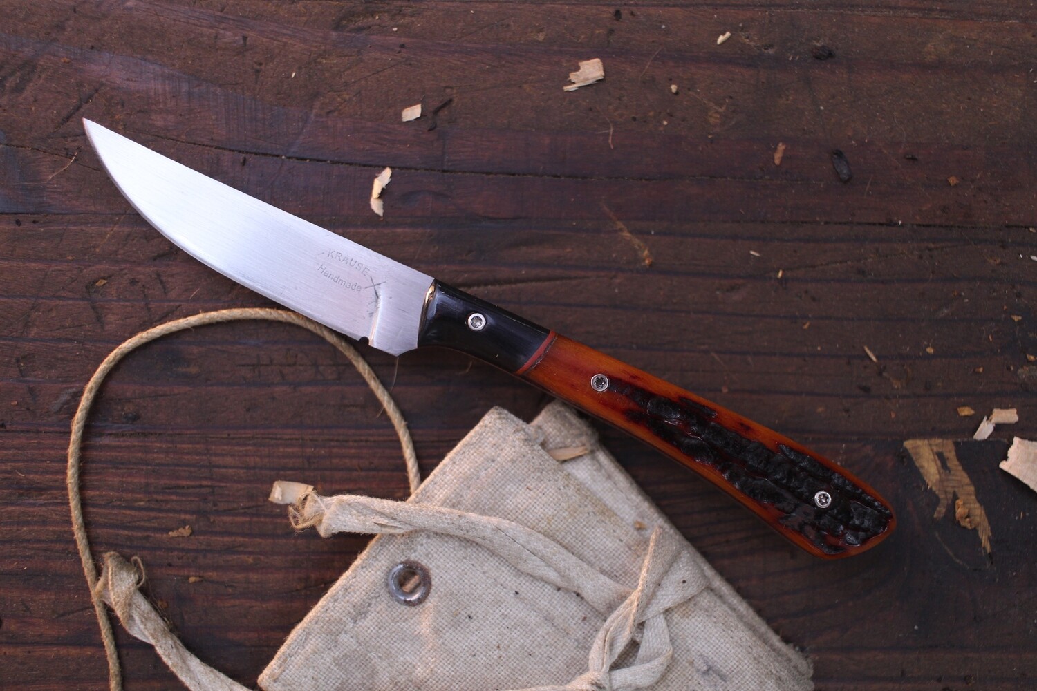 Krause Handmade Neck Knife 2.125” Fixed Blade / Buffalo Horn &amp; Amber Jigged Bone / Satin CPM-154