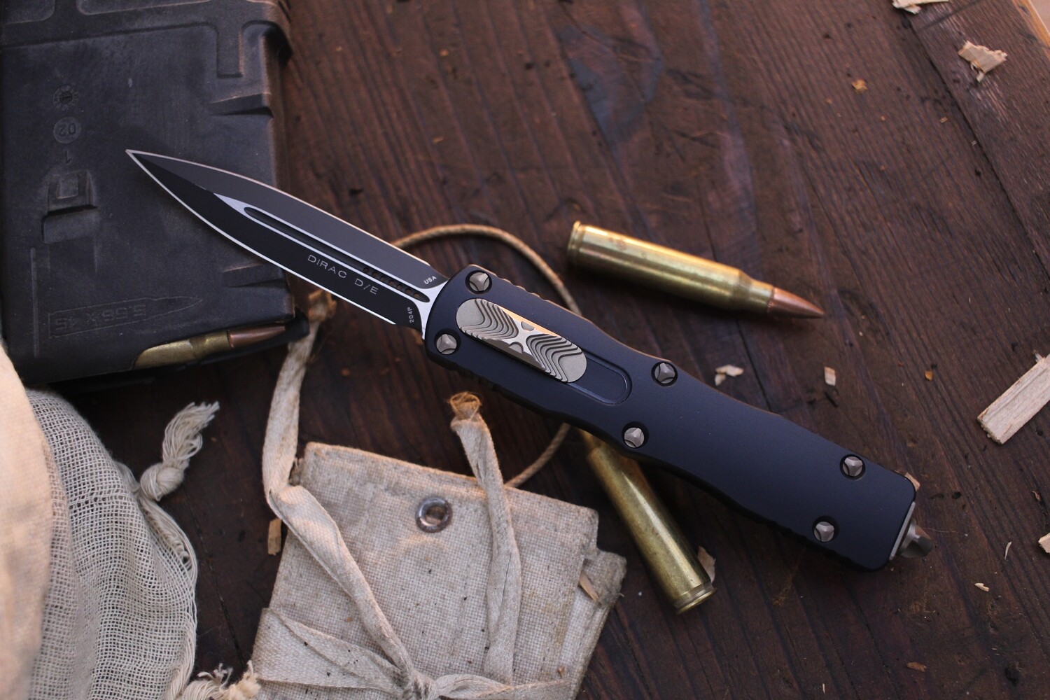 Microtech Proof Run #342 Dirac D/E 2.88&quot; OTF Automatic / Black Aluminum &amp; Bronze Hardware / Two-Tone 204P ( Pre Owned )