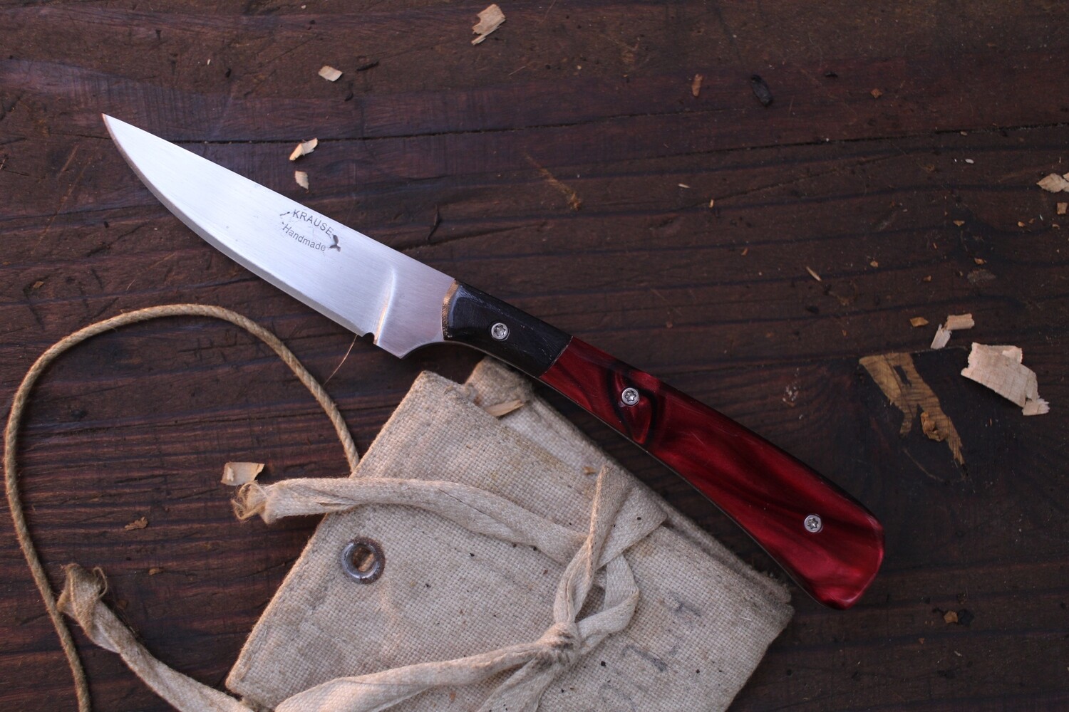 Krause Handmade Neck Knife 2.125” Fixed Blade / Buffalo Horn &amp; Red Kirinite / Satin CPM-154