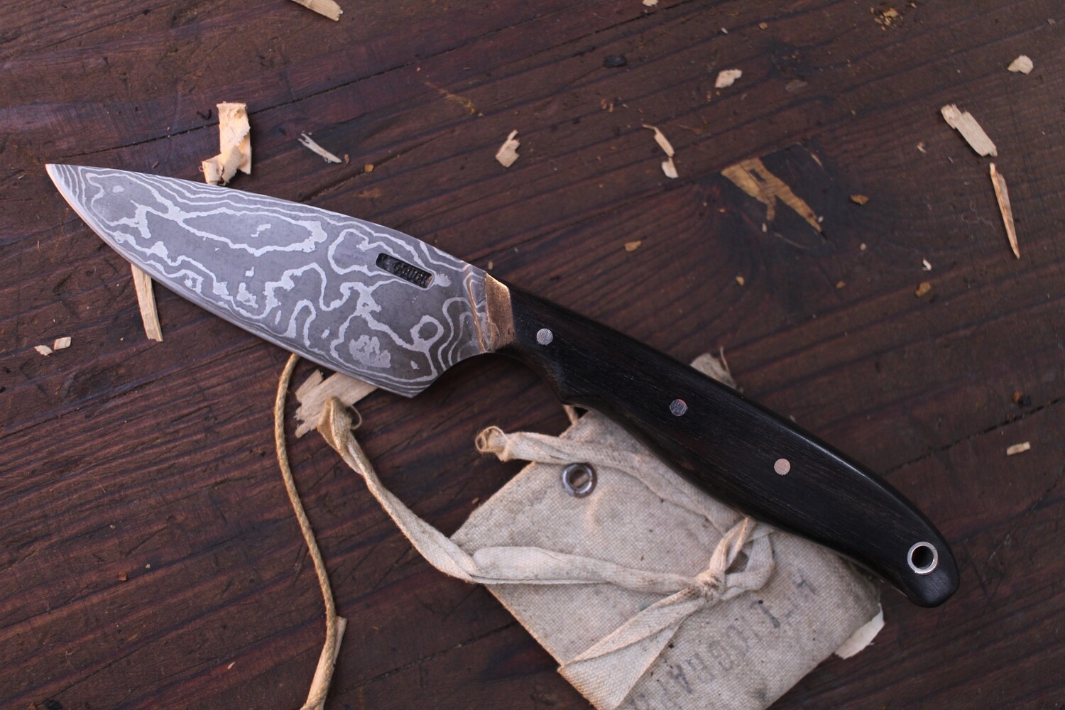 Mark Couch 3.75&quot; Drop Point Hunter / Indexed Ebony  / Alaskan Forged MAGMA  Damascus