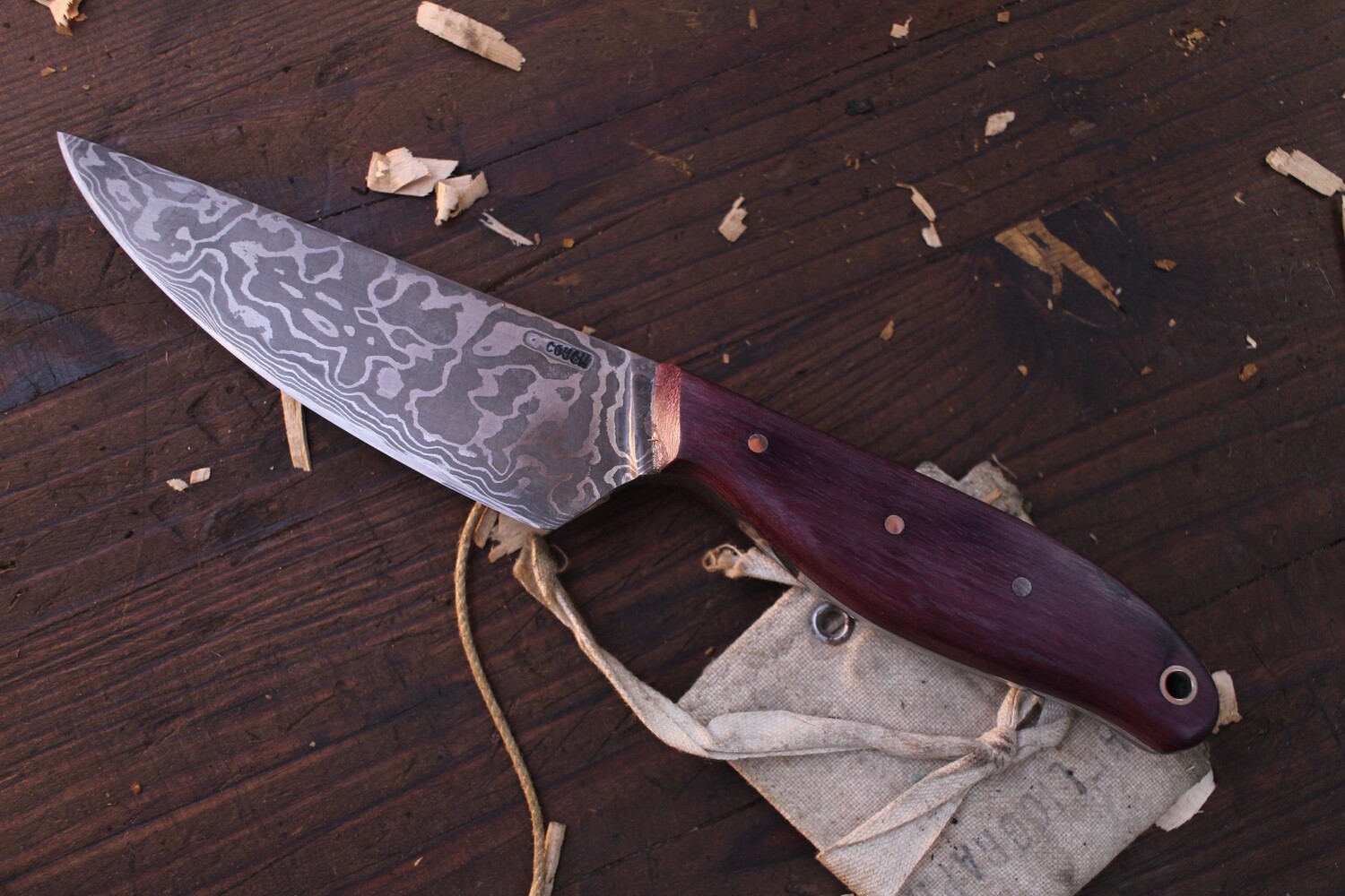 Mark Couch 4.5&quot; Drop Point Hunter / Purple Heartwood / Alaskan Forged Damascus