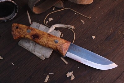 Wood Bear Knives Rogue Bear 4.25” Scandi / Ambonya Burl  / Satin O1