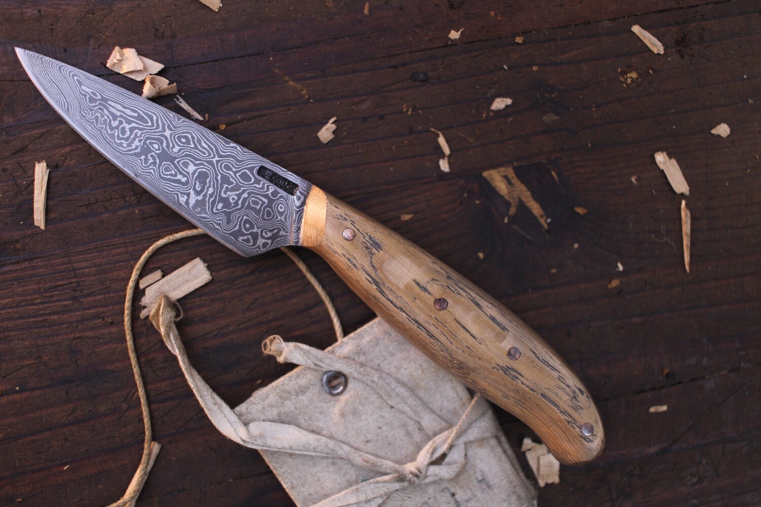Mark Couch 3.75&quot; Drop Point Hunter / Oak / Alaskan Forged Damascus