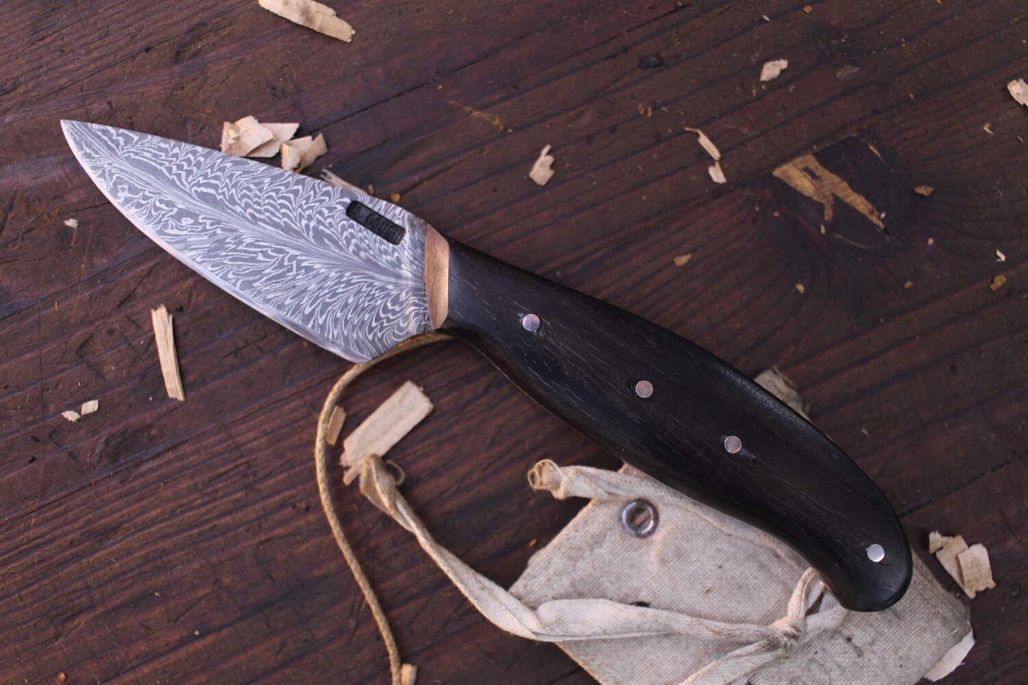 Mark Couch 3.25&quot; Drop Point Skinner / Ebony / Alaskan Forged Phoenix Damascus
