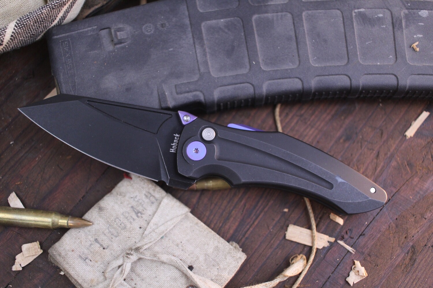 Jake Hoback Knives Sumo 3.25" Button Lock Flipper / Black DLC Titanium With Purple Hardware / Black DLC CPM 20CV ( Pre Owned )