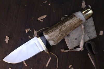 David Reed Klein Jager Messer 3.5" Fixed Blade /Moose Antler &amp; Brass Single guard / Satin D2