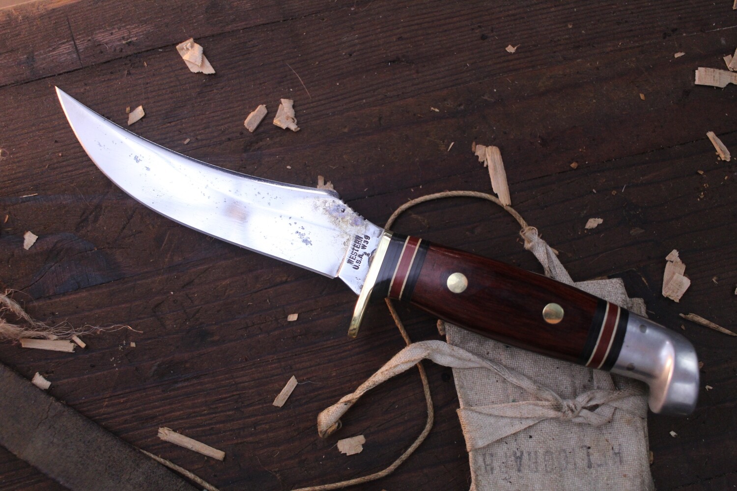 Western Vintage W39 5" Fixed Blade Skinner / Wood & Stacked Leather With Aluminum Pommel & Brass guard / Patinaed High Carbon 