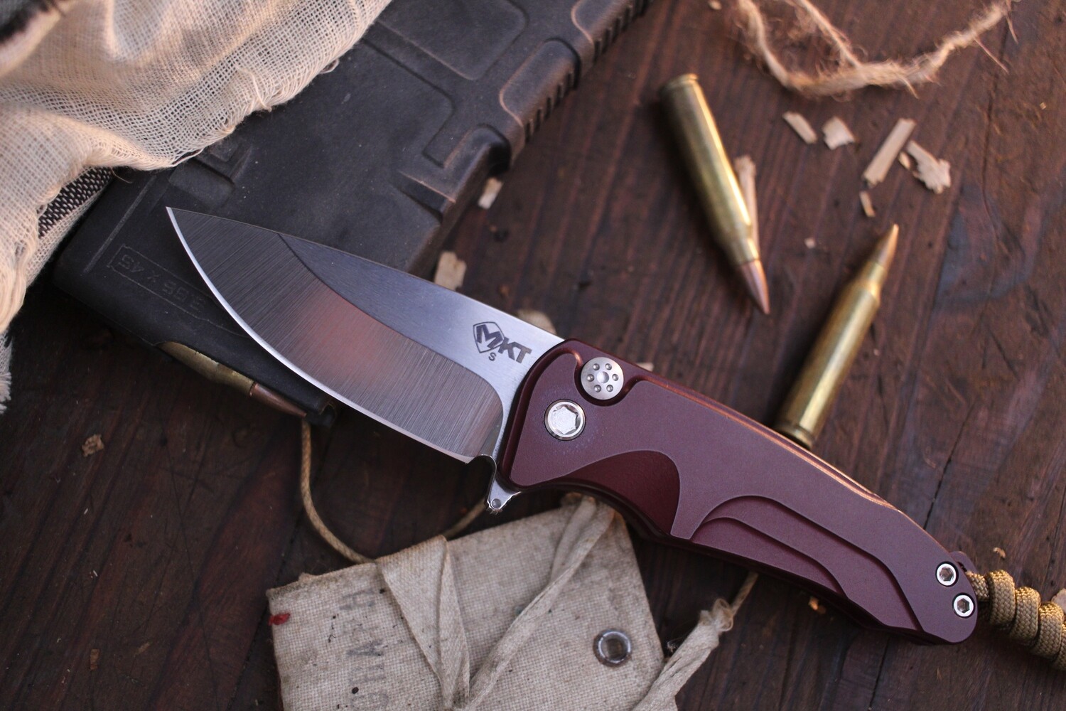 Medford Knife and Tool (MKT) Smooth Criminal 3&quot; Plunge Lock Flipper / Red Aluminum / Stonewashed S35VN ( Pre Owned )