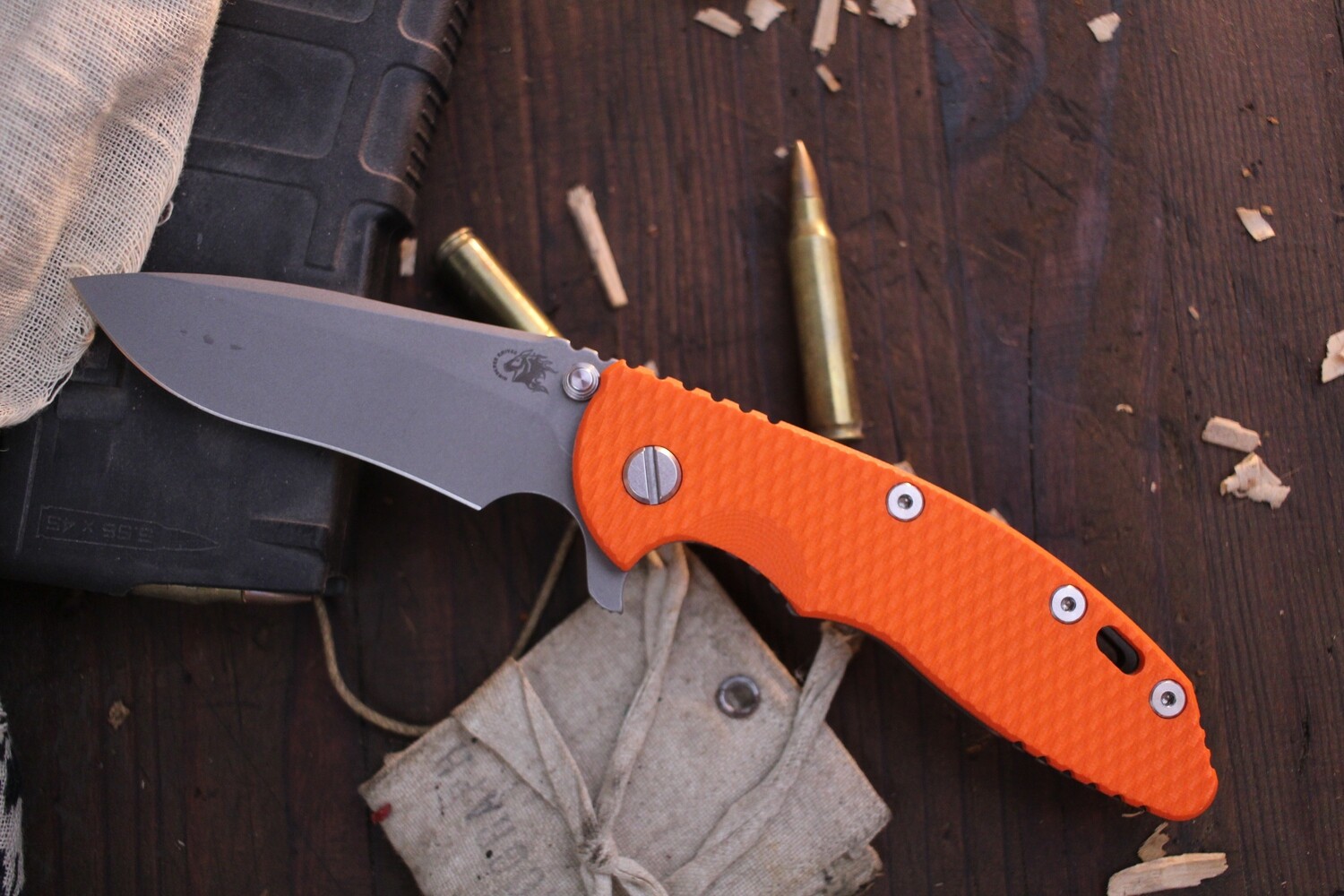 Hinderer XM-18 3.5&quot; Framelock Flipper / Orange G-10 With Battle Bronze Titanium / Stonewashed 20CV Recurve ( Pre Owned )