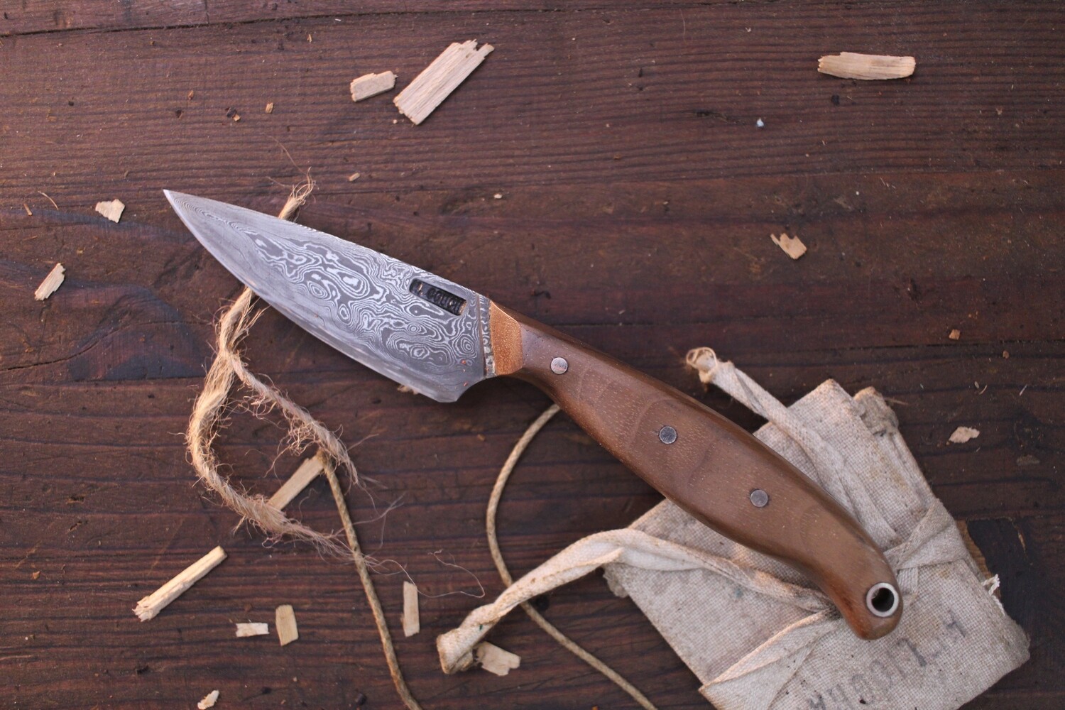 Mark Couch 3&quot; Drop Point Hunter / Walnut / Alaskan Forged Damascus