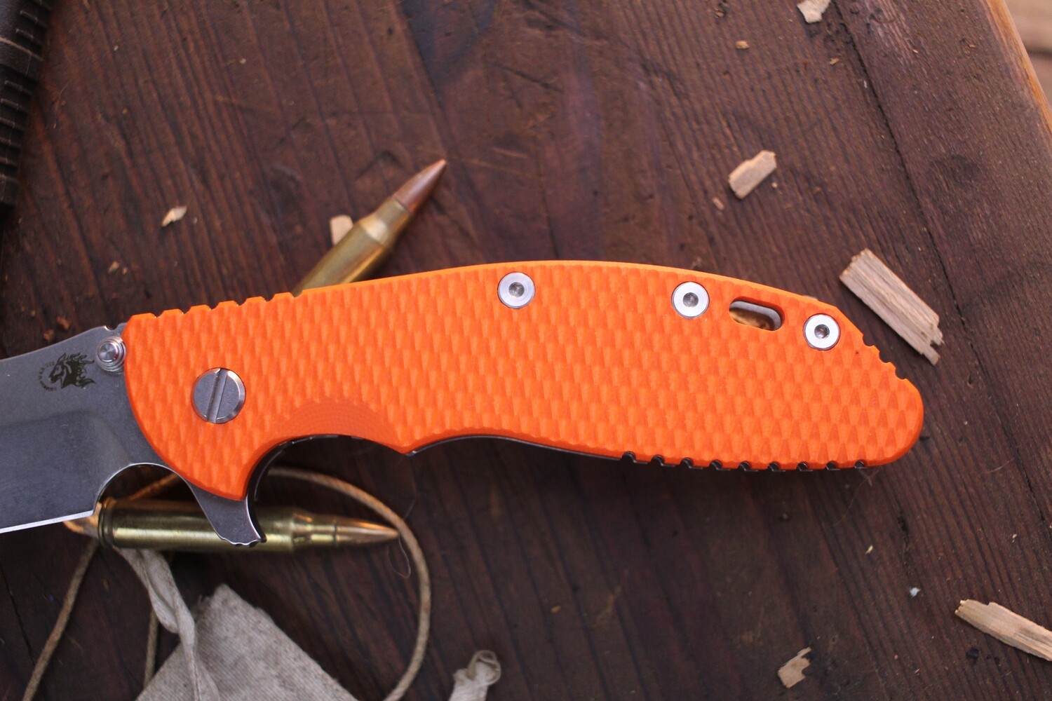 Hinderer Knives XM-24 4&quot; Framelock Flipper /  Orange G-10 &amp; Stonewashed Titanium / Stonewashed 20CV Bowie ( Pre Owned )