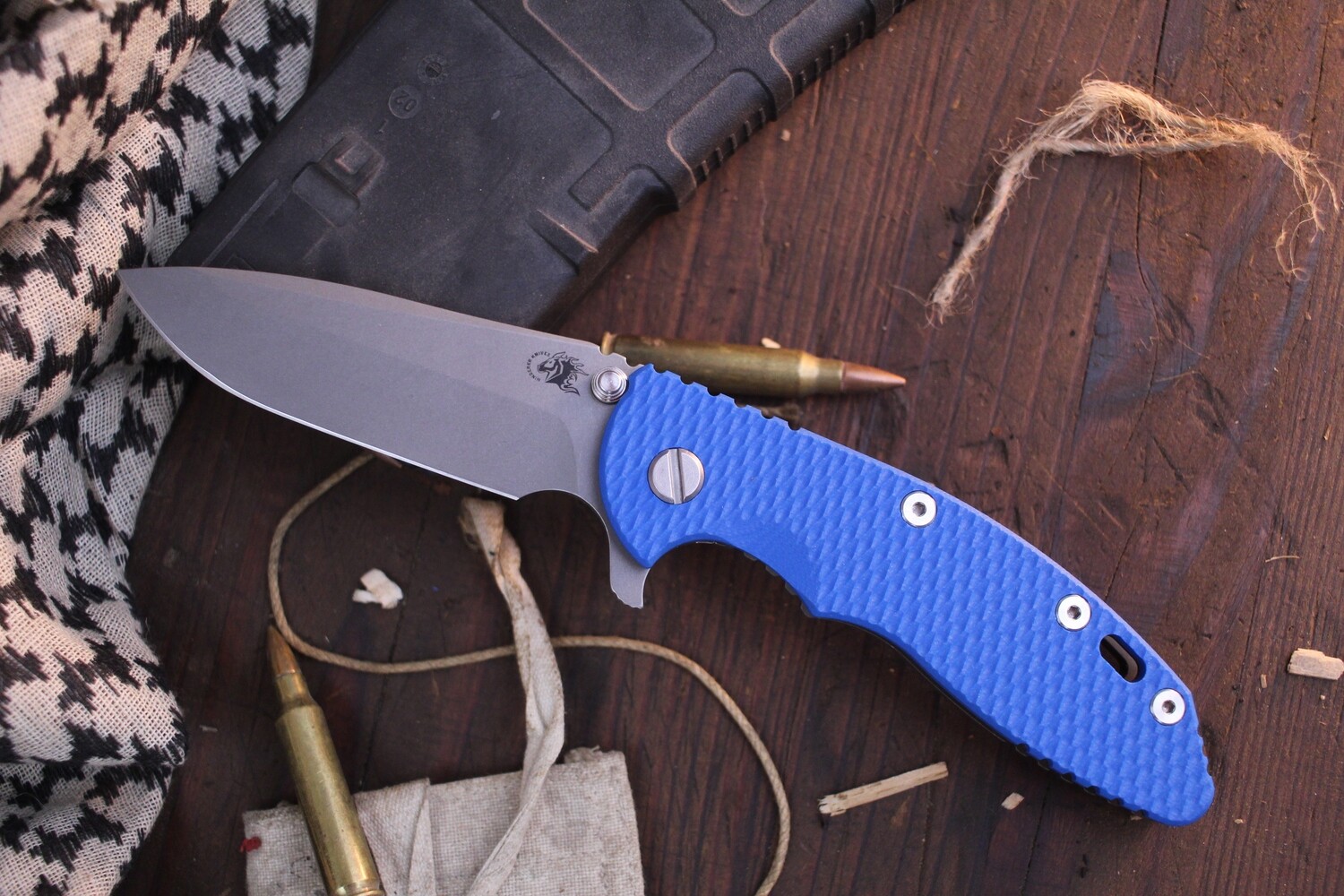 Hinderer XM-18 3.5&quot; Framelock Flipper / Blue G-10 &amp; Battle Bronzed Titanium / Stonewash S45VN Spanto