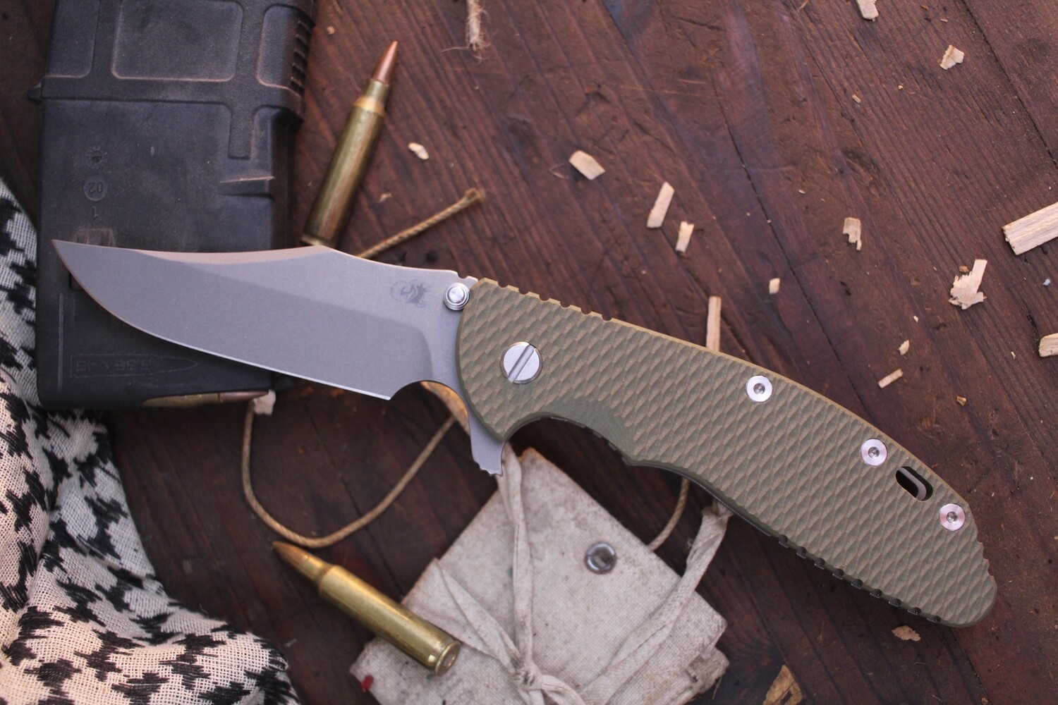 Hinderer Knives XM-24 4&quot; Framelock Flipper /  OD Green G-10 &amp; Working Finish Titanium / Working Finish 20CV Bowie ( Pre Owned )