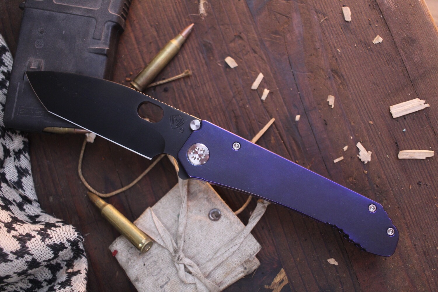 Medford Knife and Tool (MKT) 187DP 4.25&quot; Framelock Folder / Violet Anodized Titanium / Black PVD S90V Tanto ( Pre Owned )