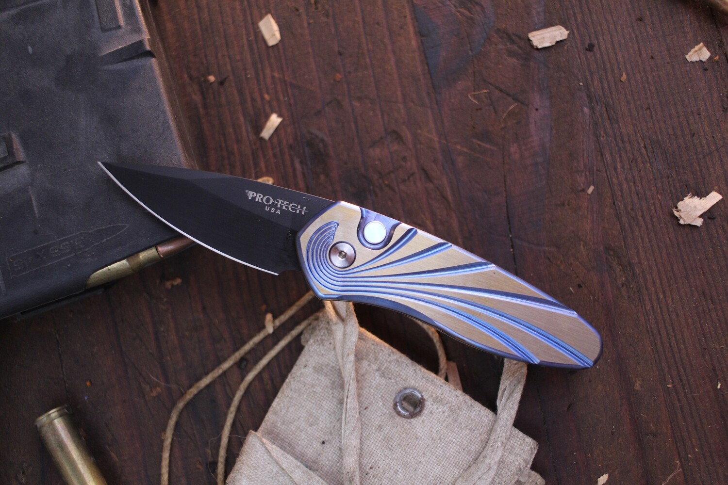 Pro-Tech Limited Edition Sprint 2” Auto Buttonlock Folder / 3D Contoured &amp; Two Tone Anodized Titanium / Black DLC S35VN