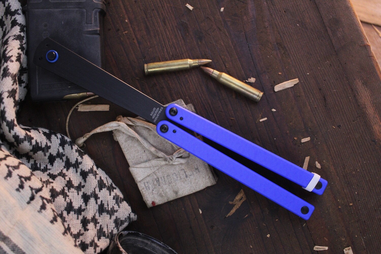 Squid Industries Squiddy-U 4.3&quot; Butterfly Balisong Trainer / Blue Acetal Polymer / Black Weighted Polymer