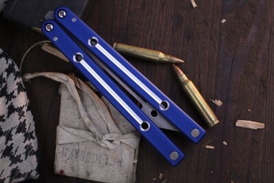 Squid Industries Squidtrainer 4.5" Balisong Trainer / Blue Dual Tone Textured Aluminum / Stonewashed Stainless