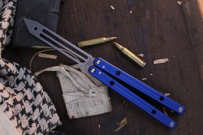 Squid Industries Squidtrainer 4.5" Balisong Trainer / Blue Textured Aluminum / Stonewashed Stainless