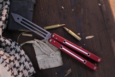 Squid Industries Squidtrainer 4.5" Balisong Trainer / Red Dual Tone Textured Aluminum / Stonewashed Stainless