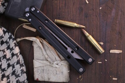 Squid Industries Squidtrainer 4.5" Balisong Trainer / Black Textured Aluminum / Stonewashed Stainless