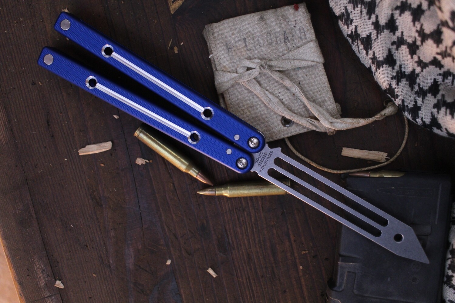 Squid Industries Squidtrainer 4.5&quot; Balisong Trainer / Blue Dual Tone Textured Aluminum / Stonewashed Stainless