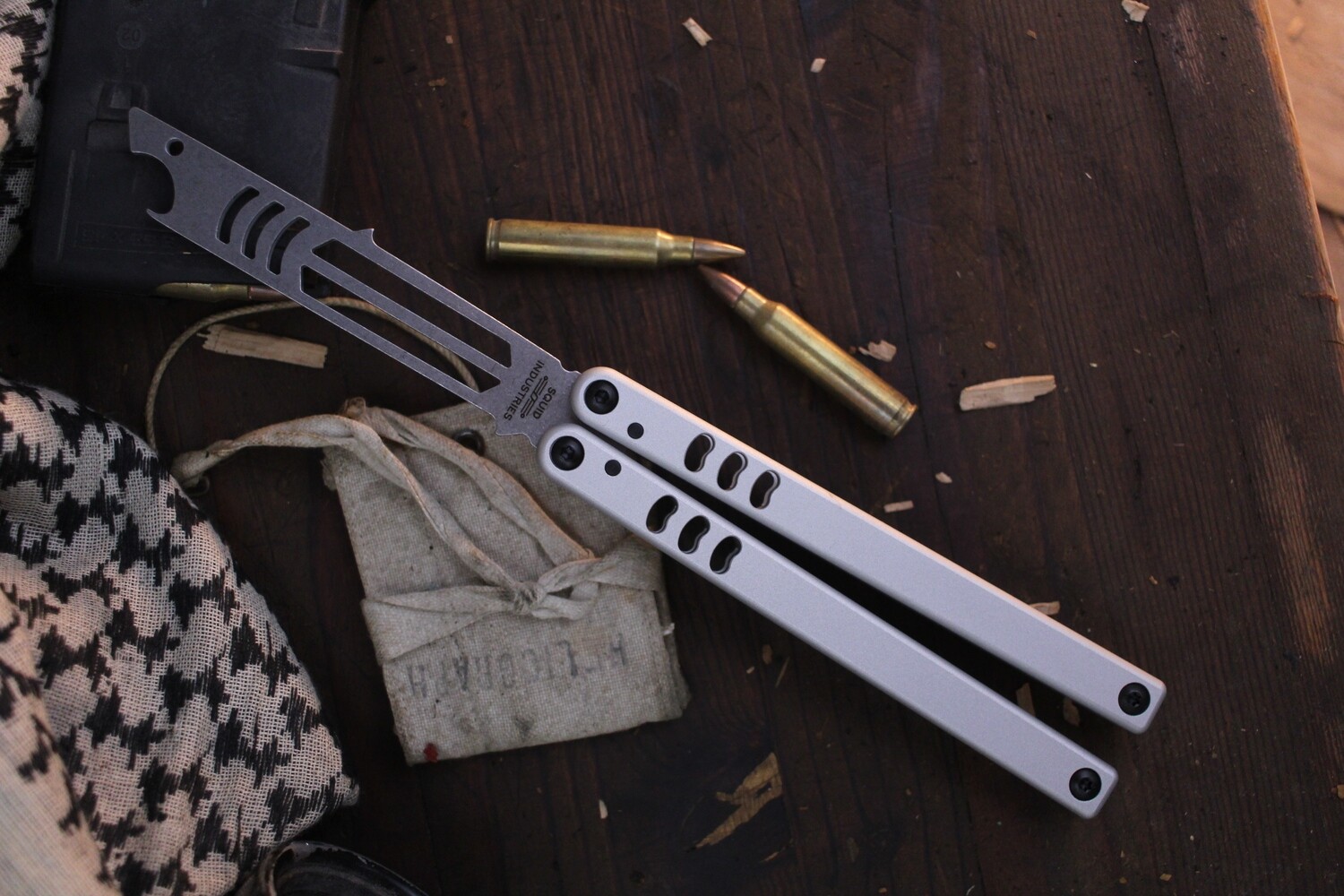 Squid Industries Mako 4.3&quot; Bottle Opener Balisong / Silver Aluminum / Stonewashed 304 Stainless