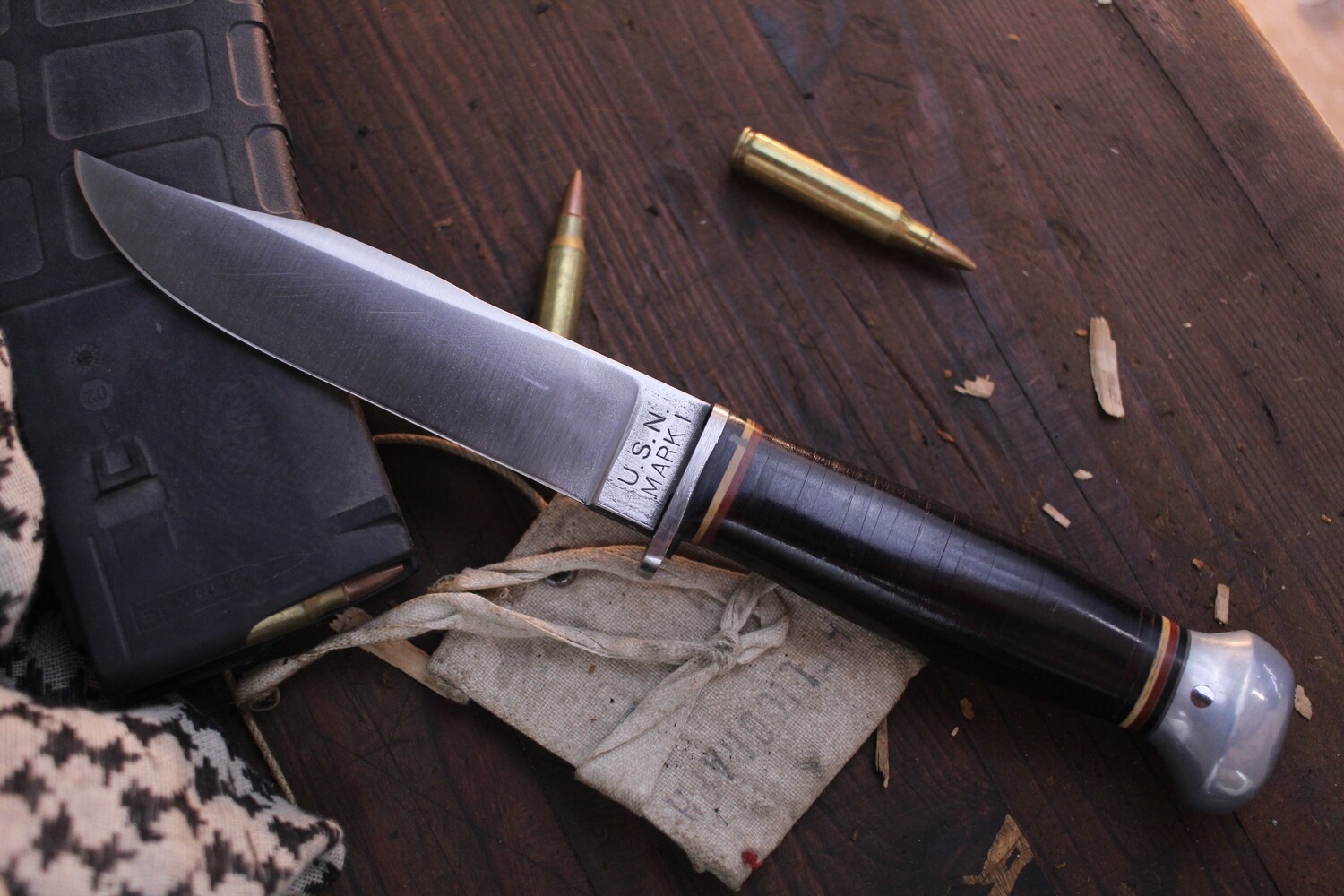 PAL Cutlery Company Antique USN MK1 5.25&quot; Combat Knife / Stacked Leather / Stain Finish