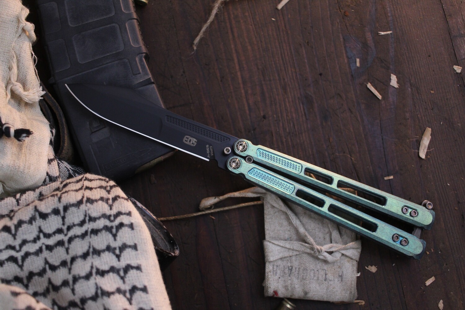 E.O.S. Trident 4.5&quot; Balisong / Antique Green Titanium &amp; Bronzed Hardware / Stonewashed S30V