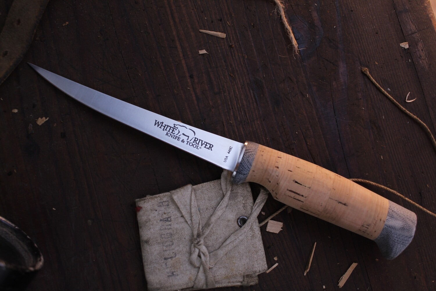 White River Knives 6&quot; Traditional Fillet Knife, Cork &amp; Black Micarta / 440C