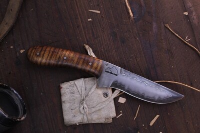 Highlands Forge 4.75" Fixed Blade Hunter / Zebra Wood / Alaskan Forged San Mai 1095 Damascus