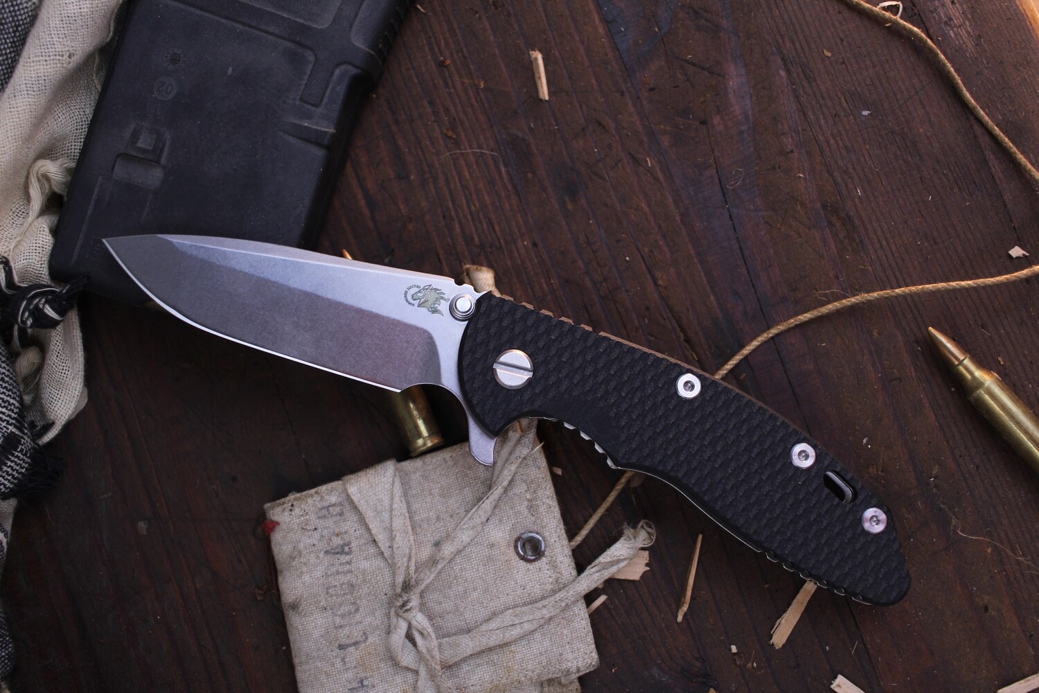 Hinderer XM-18 3.5&quot; Framelock Flipper / Black G-10 &amp; Stonewashed Titanium / Stonewashed S45VN Spanto