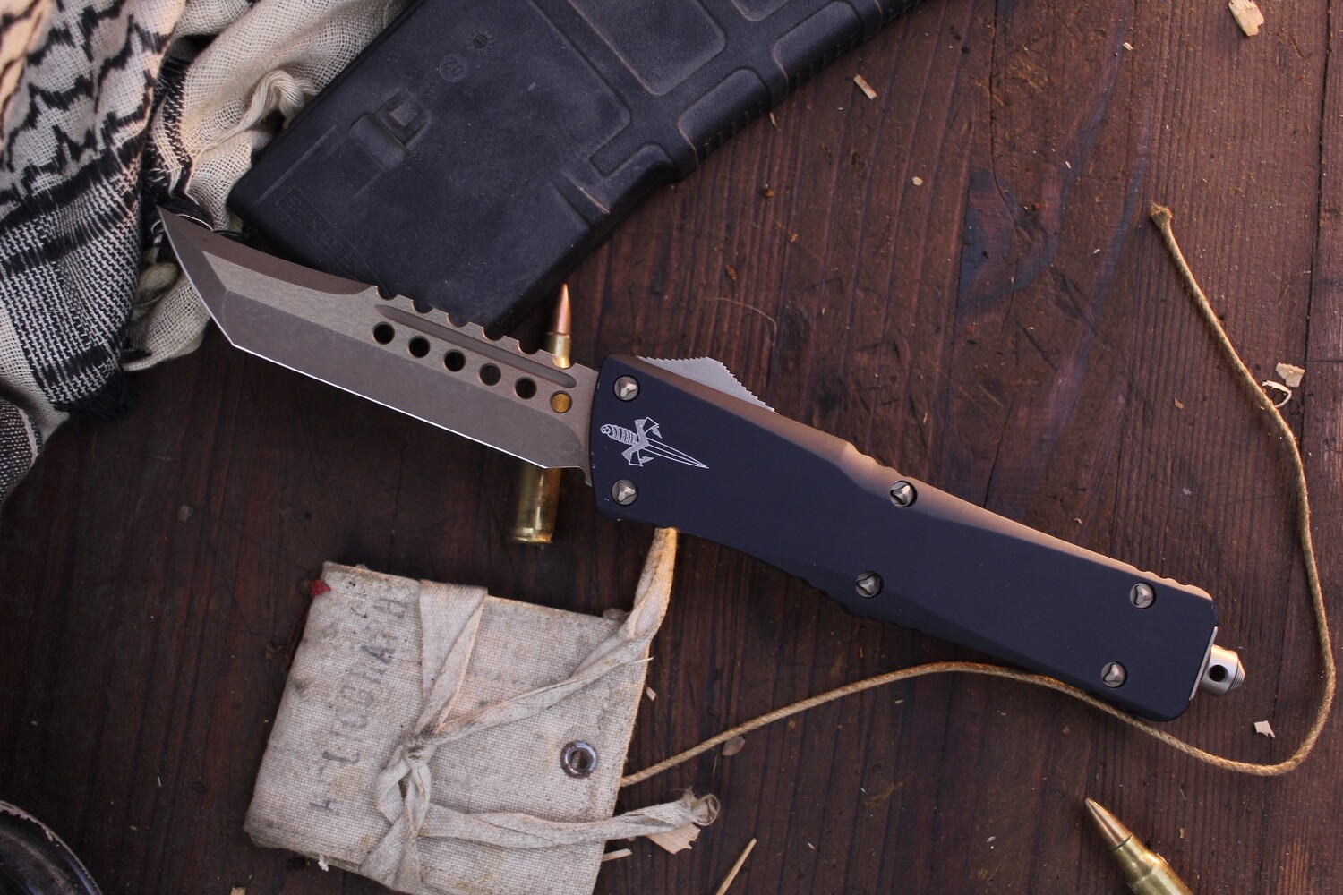 Marfione Custom Combat Troodon 3.75&quot; OTF Automatic / Black Aluminum / Apocalyptic Bronze Elmax Hellhound ( Pre Owned )