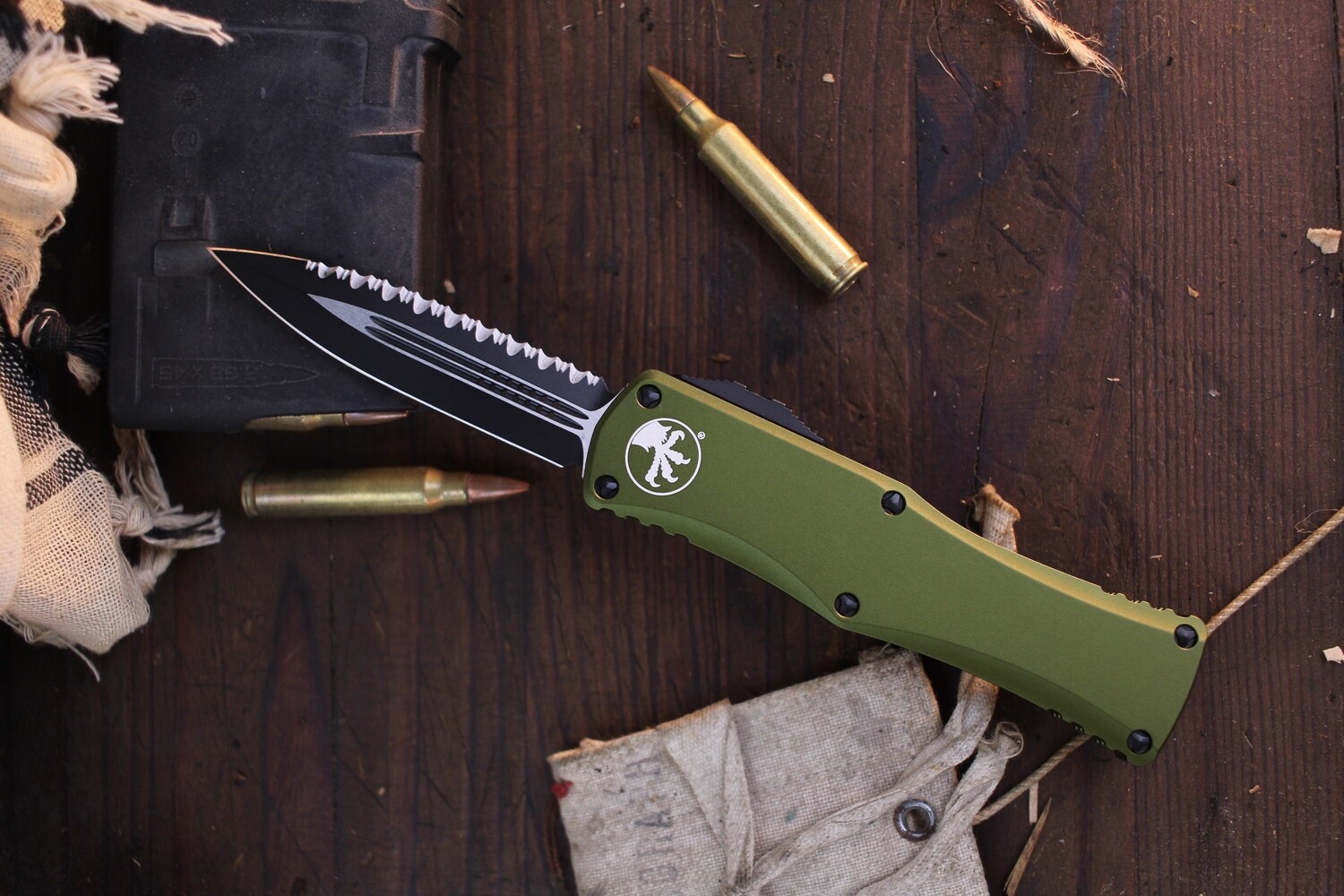 Microtech Hera 3&quot; D/E OTF Auto / OD Green Aluminum &amp; Black Hardware / Black Full Serrations