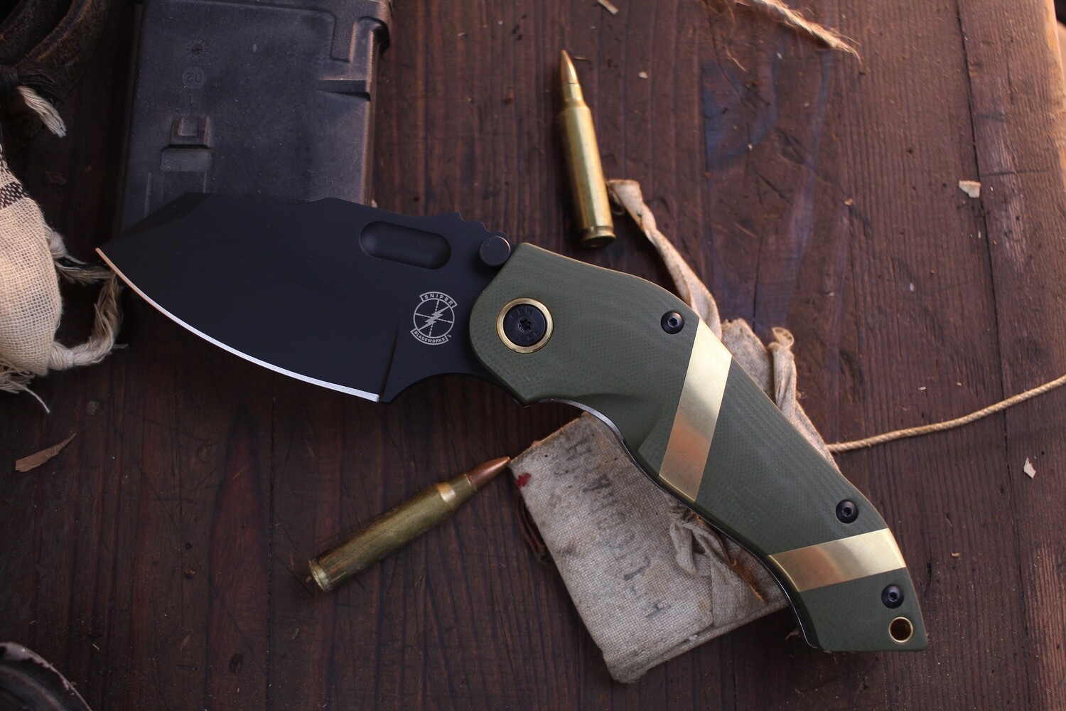 Sniper Bladeworks DMF 3.5&quot; Framelock Folder / OD Green G-10 &amp; Bronze / Black S35VN