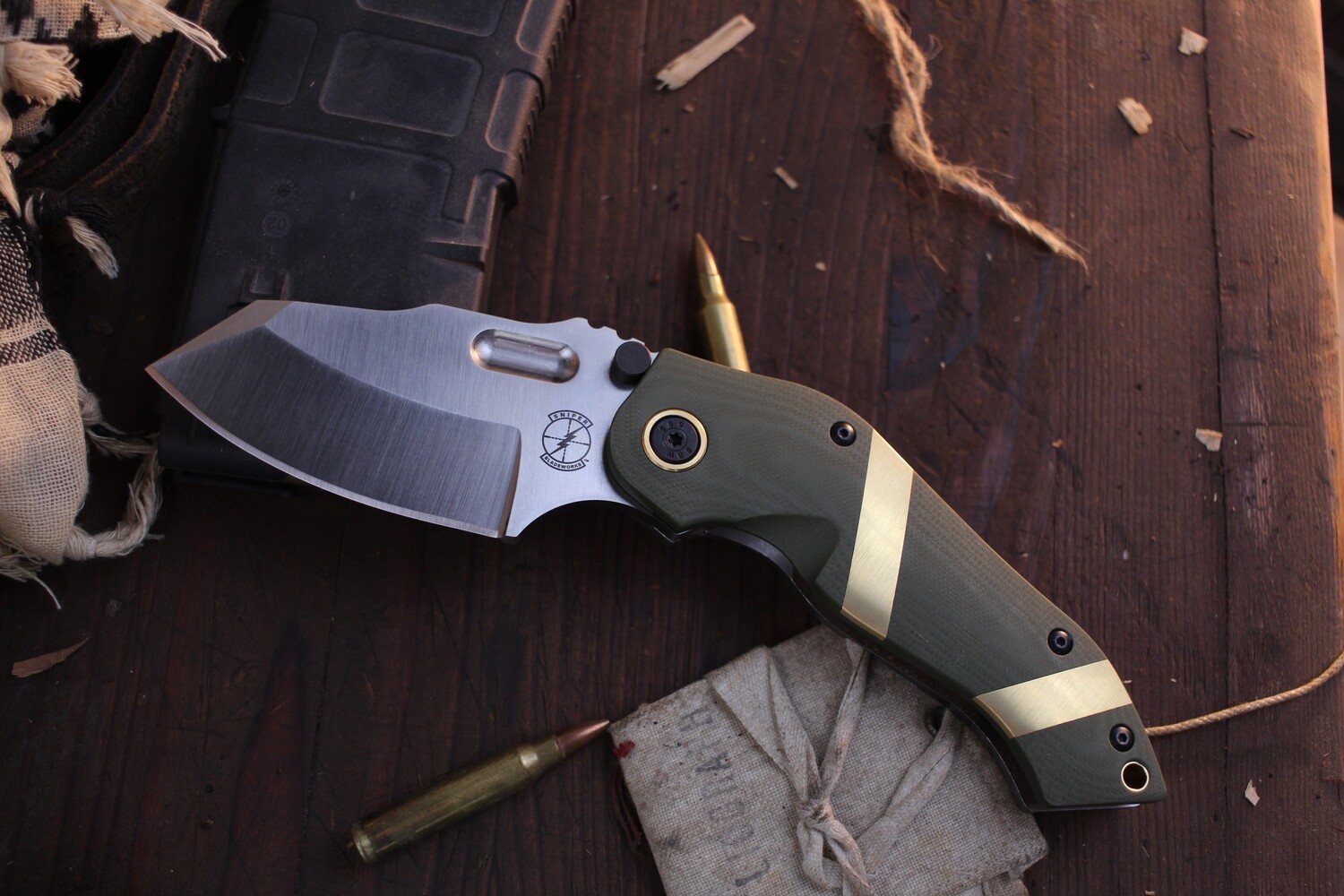 Sniper Bladeworks DMF 3.5&quot; Framelock Folder / OD Green G-10 &amp; Bronze / Satin S35VN