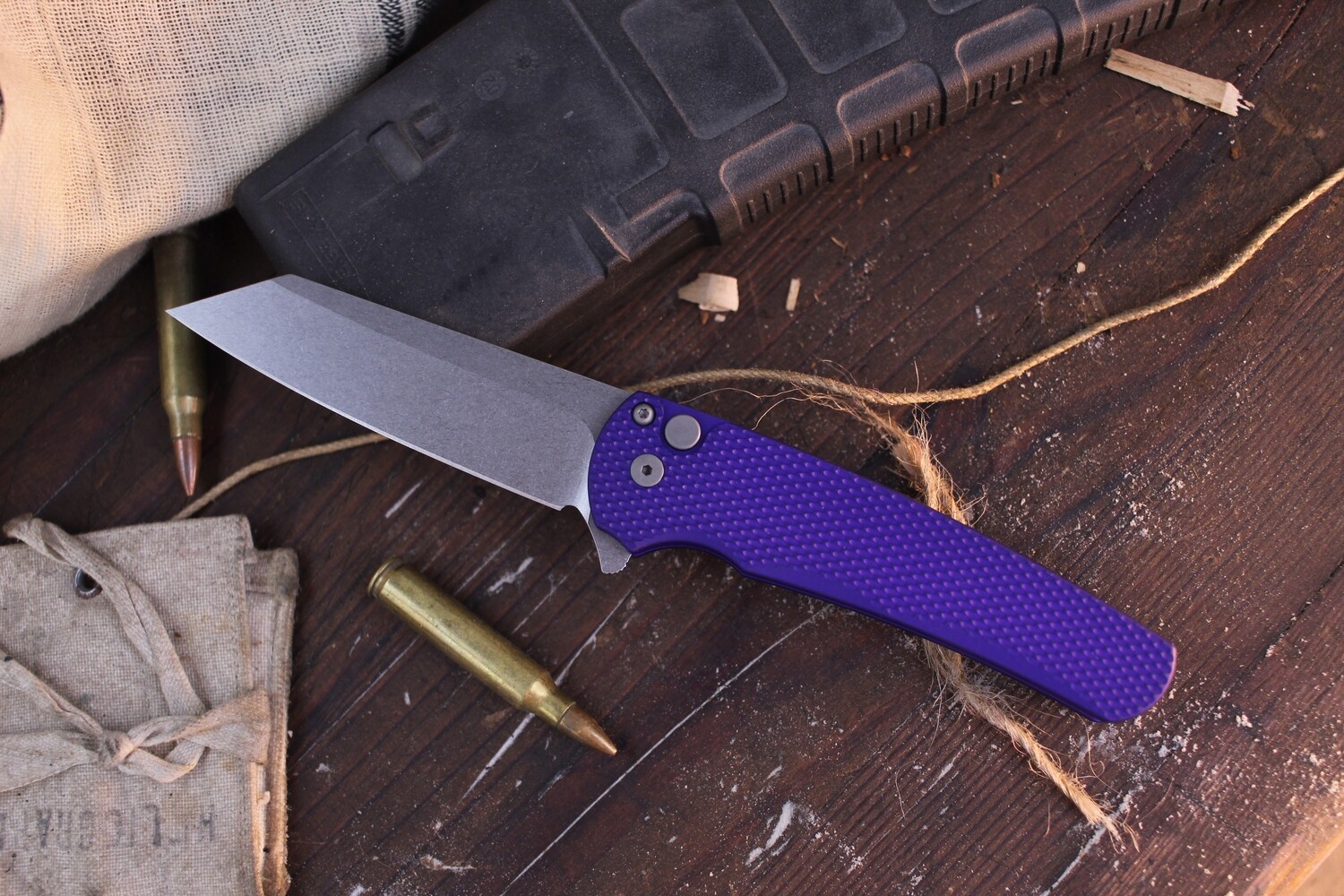 Pro-Tech Malibu 3.30&quot; Manual Reverse Tanto Flipper Knife / Purple Textured Aluminum / Stonewash CPM-20CV