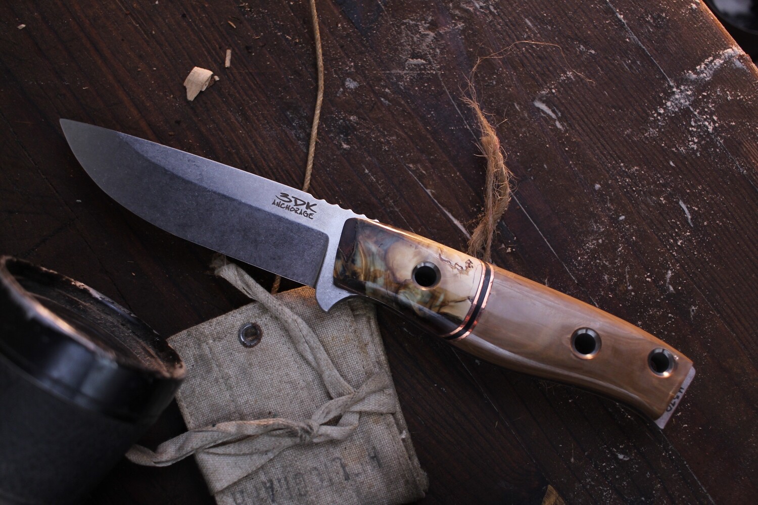 3DK Custom MAK 4&quot; Fixed Drop Point, M390 Blade / Mammoth Tooth &amp; Mammoth Ivory Handle With Copper Liners