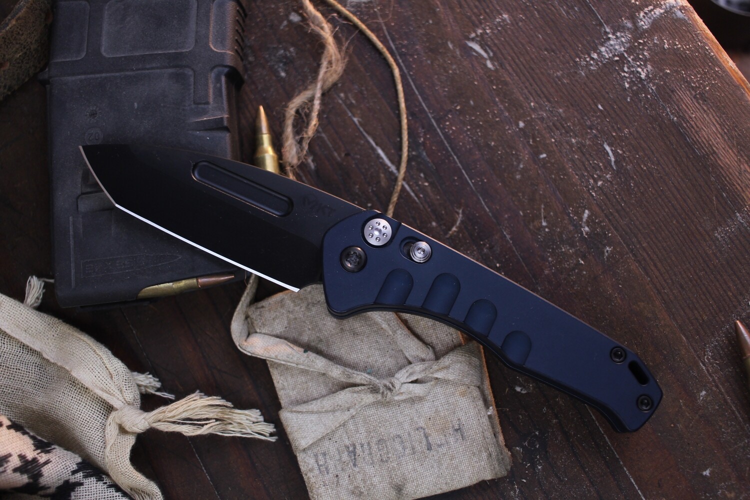 Medford Knife &amp; Tool (MKT) Praetorian Swift 3.3” Auto Plunge Lock Folder / Blue Aluminum / Black PVD S35VN