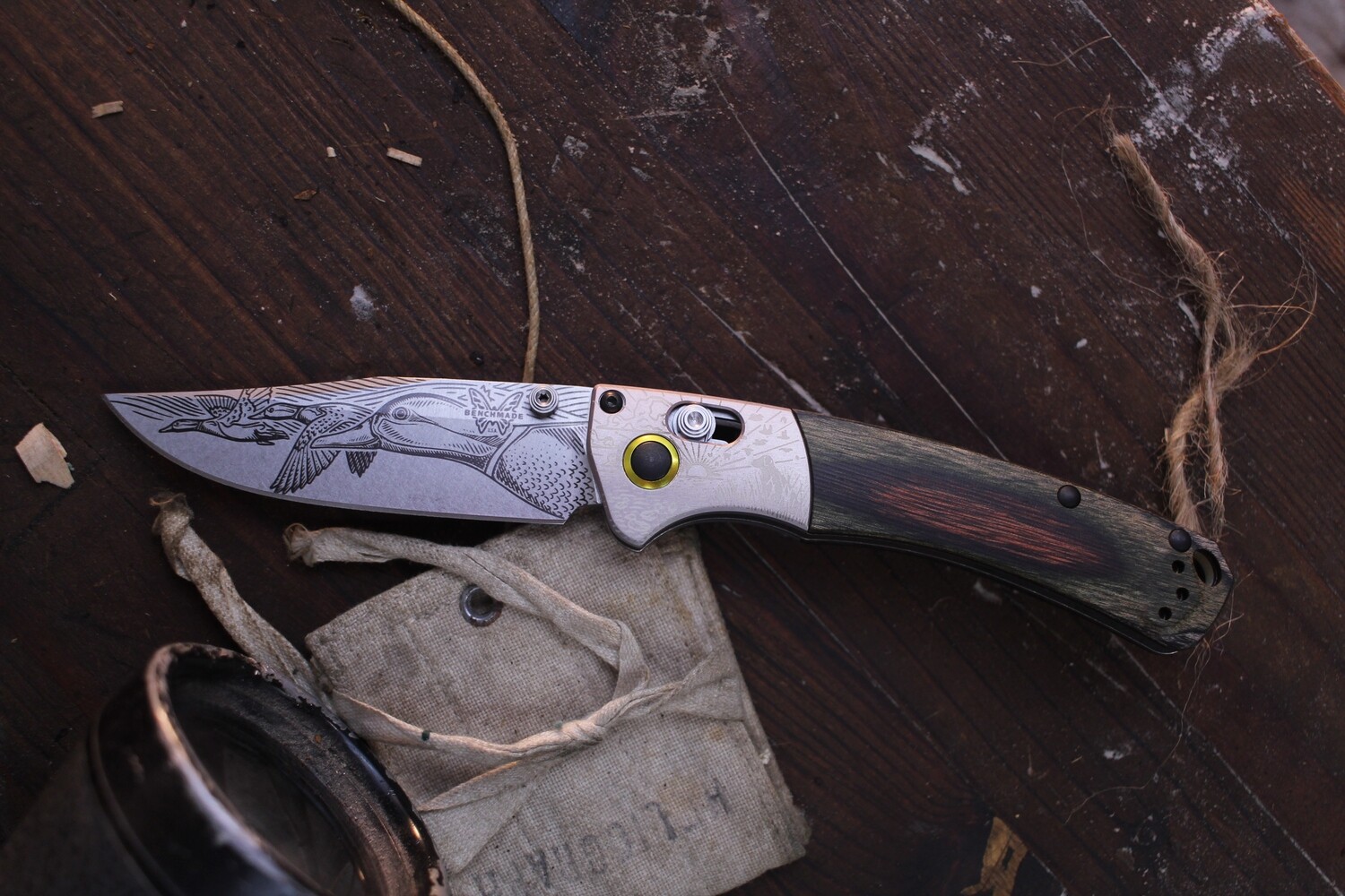 Benchmade Artist Series Mini Crooked River 3.4&quot; AXIS Lock Folder / Wetland Wood &amp; Engraved Bolster / Mallard Engraved S30V