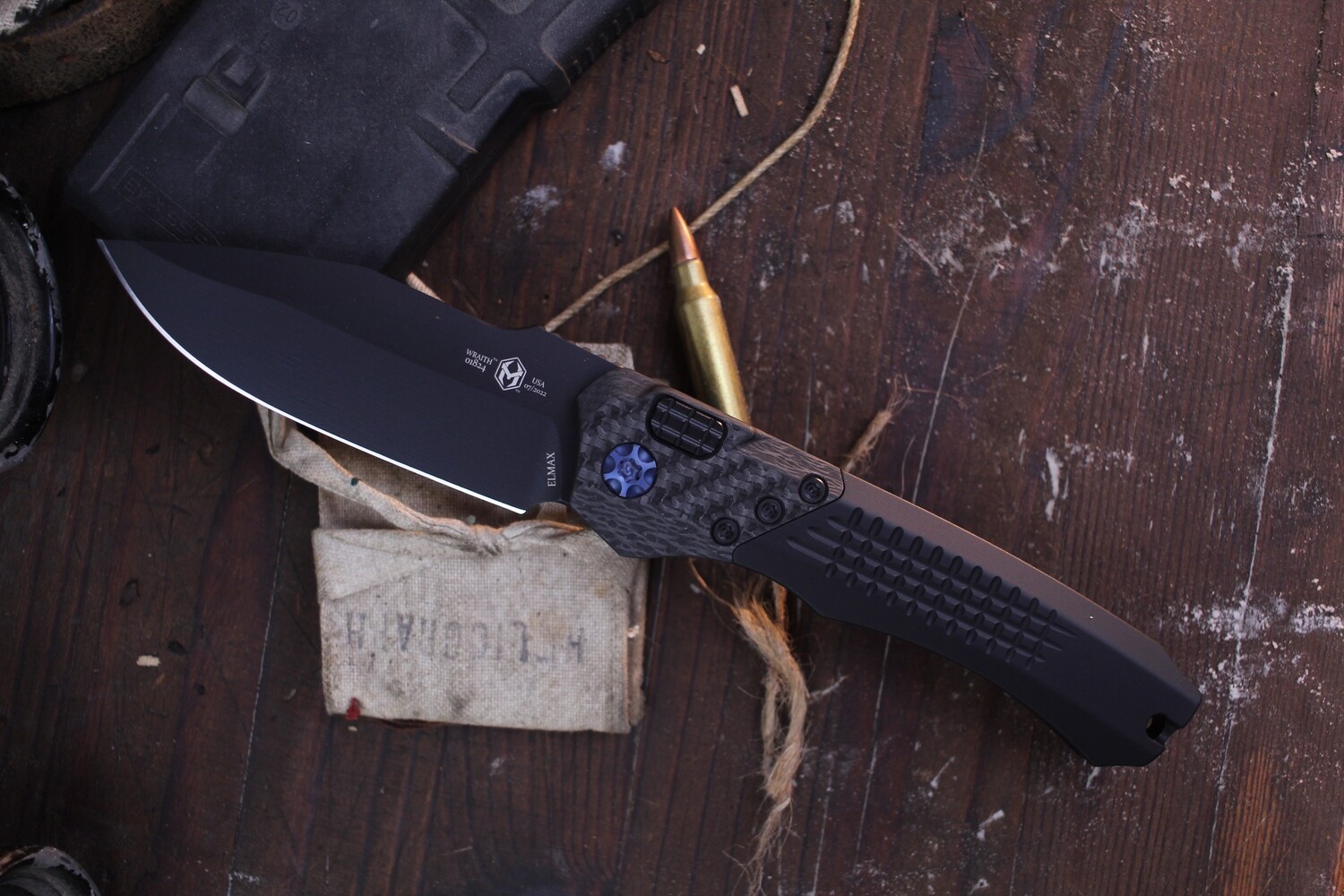 Heretic Knives Wraith 3.625&quot; Automatic Knife / Aluminum &amp; Carbon Fiber / Black Elmax ( Pre Owned )