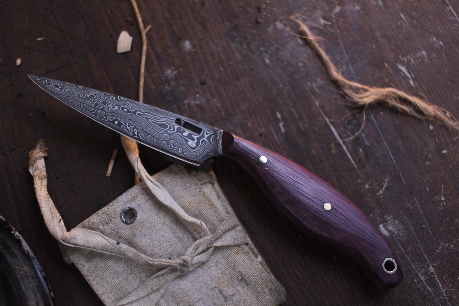 Mark Couch 3.25” Fixed Blade Capper / Purple Heartwood / Alaskan Forged 1095 & 15N20 Damascus