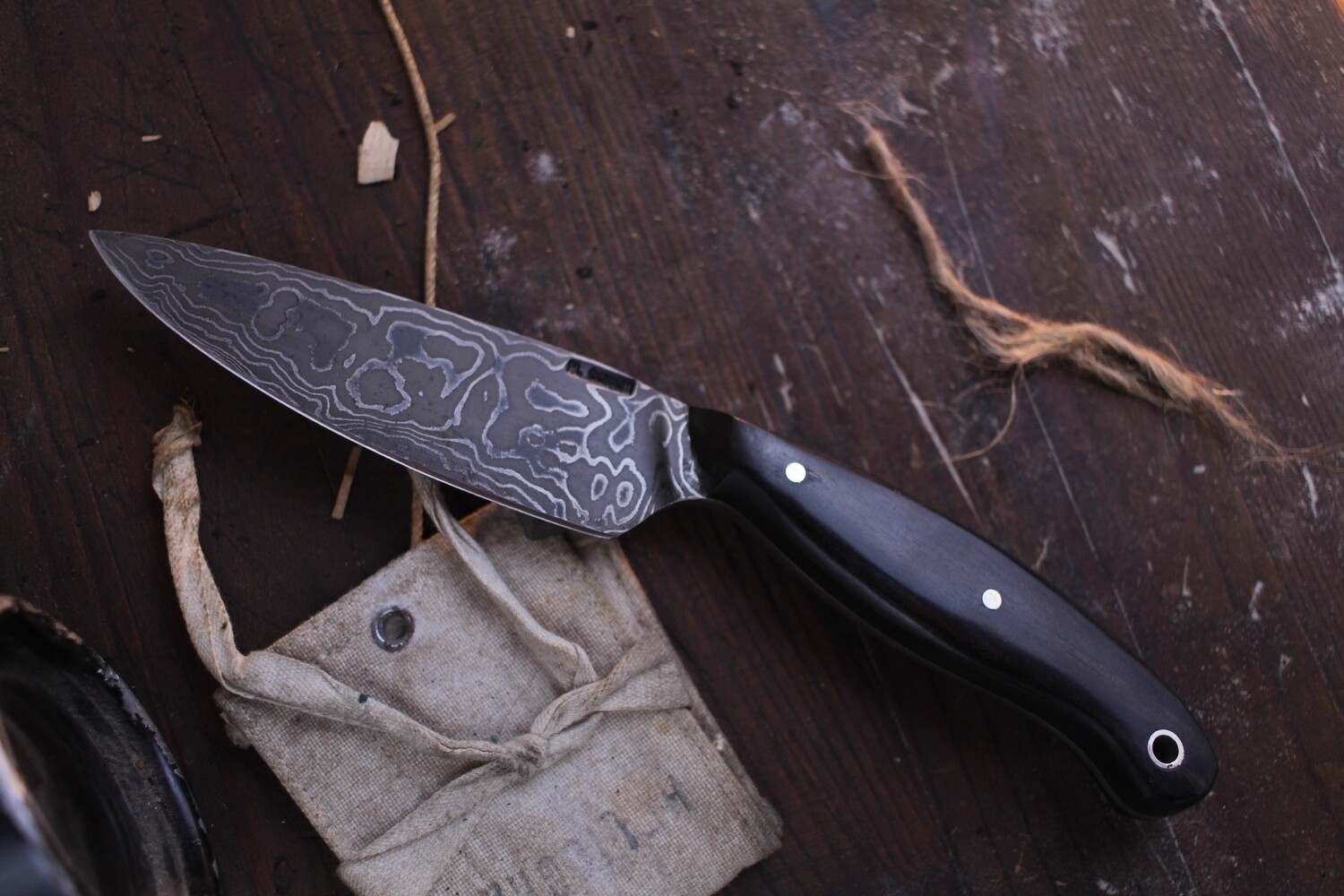 Mark Couch 3.25&quot; Drop Point Skinner / Ebony / Alaskan Forged 1095 &amp; 15N20 Damascus