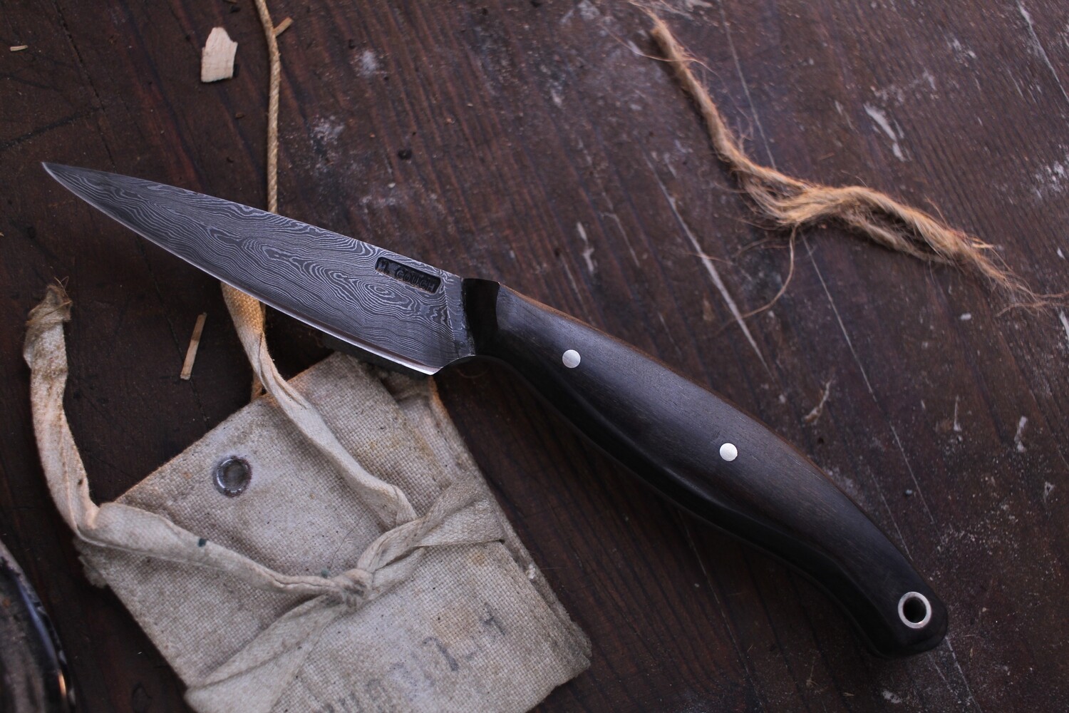 Mark Couch 3.25” Fixed Blade Capper / Ebony / Alaskan Forged 1095 &amp; 15N20 Damascus