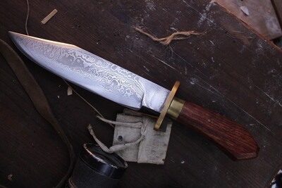 JW Bensinger Ruination 9.5" Clip Point Bowie / Bubinga Wood & Brass / Forged 1084 & 15N20  Damascus ( Pre Owned )